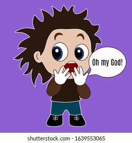 Emoticon with a boy who is standing and horrified says Oh, God! color vector simple emoji on purple isolated background