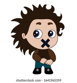 Emoticon with a boy whose mouth is glued with a plaster cross, color vector emoji on a white isolated background