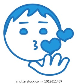 emoticon with boy or young man blowing an air kiss with his lips and throwing hearts from his hand, circle or ball shaped emoji, simplistic vector face illustration, funny cartoon character, eps 10