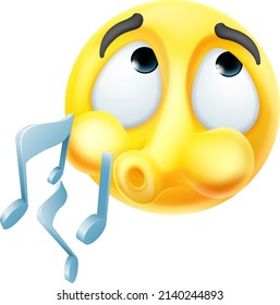 An emoticon cartoon face whistling a tune with musical notes icon