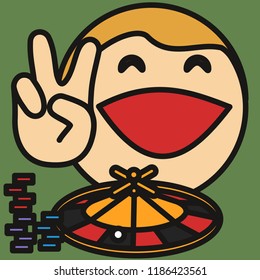 emoticon with casino winner w. a lot of stacks of roulette chips that is showing V-victory hand gesture or sign, happy smiling gambler that won a ton of money w. bet on color, game of chance addict