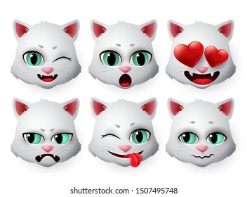 Emoticon cat face vector set.Kitty cats head emojis in pretty faces with funny and inlove expression for collection isolated in white background. Vector illustration.