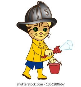 emoticon cat with retro fireman or fireman at work fighting fire with water bucket and foam gun, wearing safety helmet or casque, simple hand drawn emoticon