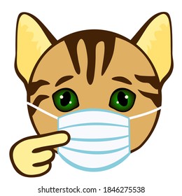 emoticon with a cat that points to a protective respiratory mask on his face to protect him from germs, viruses and pandemic diseases so he does not get sick, simple hand drawn emoticon, vector illust