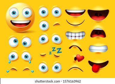 Emoticon character creation vector set. Emoji face kit eyes and mouth in angry, crazy, crying, naughty, kissing and laughing expression isolated in yellow background. Vector illustration.