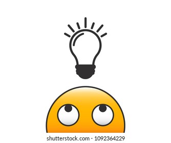 Emoticon character head having an idea with a lightbulb above his head. Vector illustration with transparent background for problem solving and creative solution concepts.