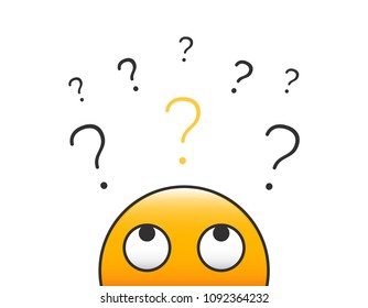 Emoticon character person head looking up at a stack of question marks. Vector illustration design with transparent background for curiosity, doubt, uncertainty and problem solving concepts.