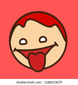emoticon with character that is sticking tongue out in jest or licking something with cheeky smiling face, circle shaped vector emoji in color, simplistic colorful pictogram