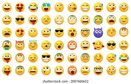 Emoticon character vector set. Emoji face icon with smiling, kissing and sick facial expressions isolated in white background for cute emoticons cartoon collection design. Vector illustration