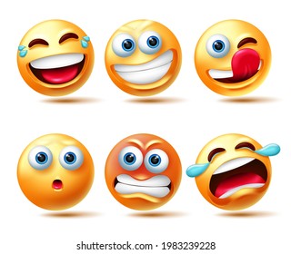 Juego de vectores de caracteres emoticonos. Emojis 3d personaje en expresiones faciales como reír, enojar y llorar por el diseño de la colección de personajes de emoticonos. Ilustración del vector