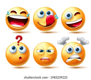 Emoticon character vector set. Emoticons 3d characters in laughing, thinking and yummy expressions for emoticons avatar emotion collection design. Vector illustration