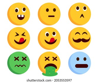 Juego de vectores de caracteres emoticonos. Los emoticonos son personajes llanos de locos, enfermos, vómitos y expresiones faciales raras para el diseño divertido de la colección de emojis. Ilustración vectorial.

