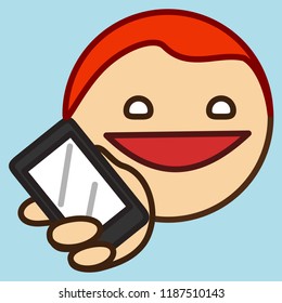 emoticon with cheerful smiling ginger man that is holding a smartphone, mobile phone or a small tablet, circle shaped vector emoji in color, simplistic colorful pictogram
