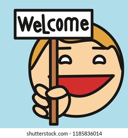 emoticon with cheerful smiling stump orator guy that is holding a banner with welcome text, circle shaped vector emoji in color, simplistic colorful pictogram, ball like personage with thick outlines