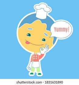 emoticon with chibi boy with yummy expression on his face showing delicious gesture and sticking tongue out a little to express how tasty the food is