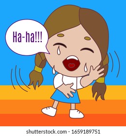 Emoticon with a chibi girl who is funny to tears, he cries with happiness, color vector emoji on a isolated background