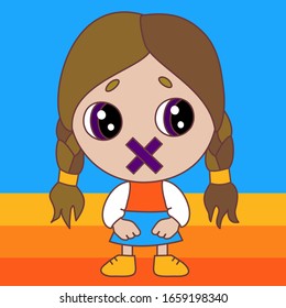 Emoticon with a chibi girl whose mouth is glued with a plaster cross, color vector emoji on a isolated background