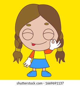 emoticon with chibi girl with yummy expression on his face showing delicious gesture with eyes closed and sticking tongue out a little to express how tasty the food is