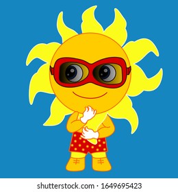 Emoticon chibi with smiling sun in sunglasses taking a sunbathe. symbol of sunny summer wearing dark glasses. vector simplistic emoji in color.