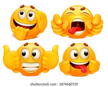 Emoticon collection. Set of four emoji cartoon characters in various emotions. Vector stickers