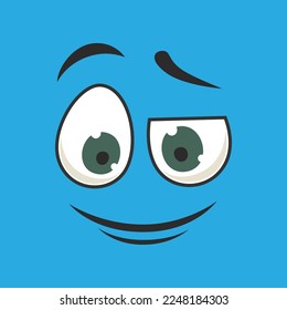 Emoticon with confident or interested facial expression illustration. Eyes and mouth of cute expressive cartoon character, comic happy face isolated on blue background. Emotions concept