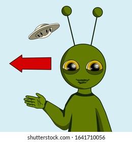 Emoticon with a cool alien that is pointing to the left, color vector emoji