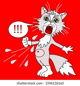 emoticon with a cool angry cat that is standing, screaming, saliva and threatening with his fist, color vector clip art on red isolated background