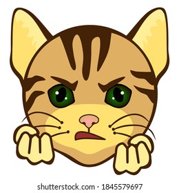 emoticon with a cool angry cat with a warped mouth threatens with two fists, color vector clip art on white isolated background