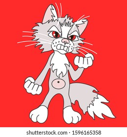 emoticon with a cool angry cat, which stands with a warped mouth and threatens with two fists, color vector clip art on isolated background