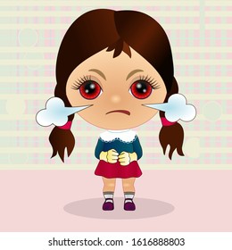 emoticon with a cool angry girl and red eyes, from which nose comes steam from rage, color vector clip art on checkered background