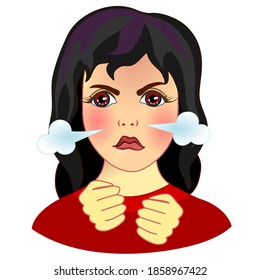 emoticon with a cool angry girl with red eyes, from which nose comes steam from rage, color vector clip art on white background