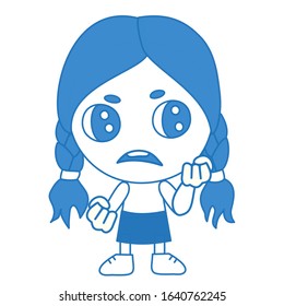 emoticon with a cool angry girl, which stands with a warped mouth and threatens with two fists, blue vector clip art on isolated background