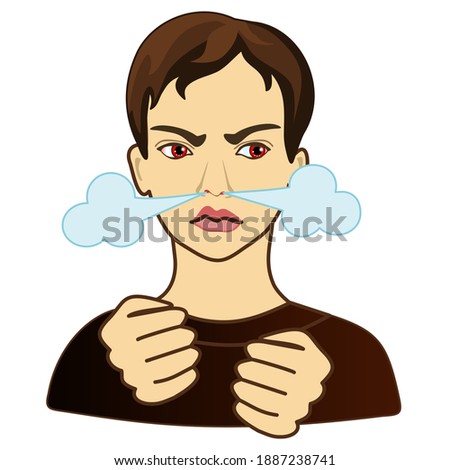 emoticon with a cool angry man with red eyes, from which nose comes steam from rage, color vector clip art on white isolated background