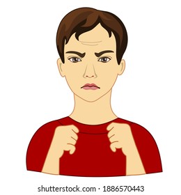 emoticon with a cool angry man with a warped mouth and threatens with two fists, vector clip art on white isolated background