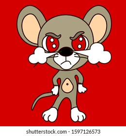 emoticon with a cool angry mouse with red eyes, from which nose comes steam from rage, color vector clip art on isolated background