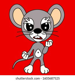 emoticon with a cool angry mouse, which stands with a warped mouth and threatens with two fists, color vector clip art on isolated background