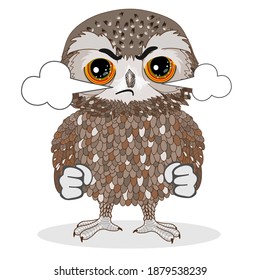 emoticon with a cool angry owl with red eyes from which nose comes steam from rage, color vector clip art on white isolated background