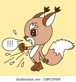 emoticon with a cool angry squirrel that is standing in profile, screaming, saliva and threatening with his fist, color vector clip art on isolated background