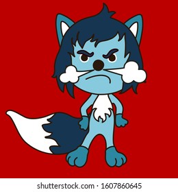 emoticon with a cool angry wolf with blue wool and red eyes, from which nose comes steam from rage, color vector clip art on isolated background