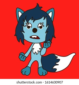 emoticon with a cool angry wolf with blue wool, which stands with a warped mouth and threatens with two fists, color vector clip art on isolated background