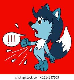 emoticon with a cool angry wolf with blue wool that is standing in profile, screaming, saliva and threatening with his fist, color vector clip art on isolated background