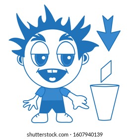 Emoticon with a cool boy that points with an index finger to the urn where it is necessary to throw garbage, blue vector emoji