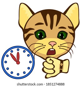 emoticon with a cool cat looking at the wrist watch because he is late, clipart on a white isolated background with a clock, color vector emoji
