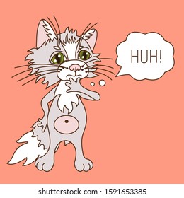 Emoticon with a cool cat, who stands with a puzzled and unhappy look and thinks hoh, color clip art on a beige isolated background