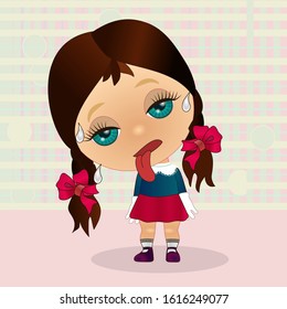 emoticon with a cool deadly girl that stands half-bent and sticks out its tongue, sweat flows from his forehead, color vector emoji on checkered background