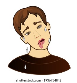 emoticon with a cool deadly man that sticks out his tongue, sweat flows from his forehead, color vector emoji on white isolated background
