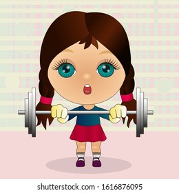 Emoticon with a cool girl weightlifter that stands and raises the barbell, color vector emoji on checkered background