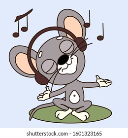 Emoticon with a cool happy mouse sitting on the lawn and listening to music on headphones, color vector clip art on isolated background