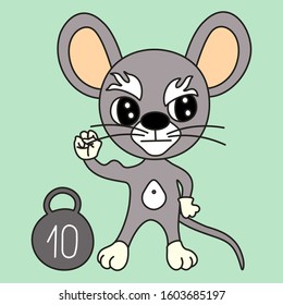 emoticon with a cool harsh mouse bodybuilder who shows his biceps on his arm and a  weight standing next to it, simple emoji clip art on a blue isolated background