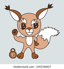 emoticon with a cool harsh squirrel bodybuilder who shows his biceps on his arm and a  weight standing next to it, simple emoji clip art on a gray isolated background